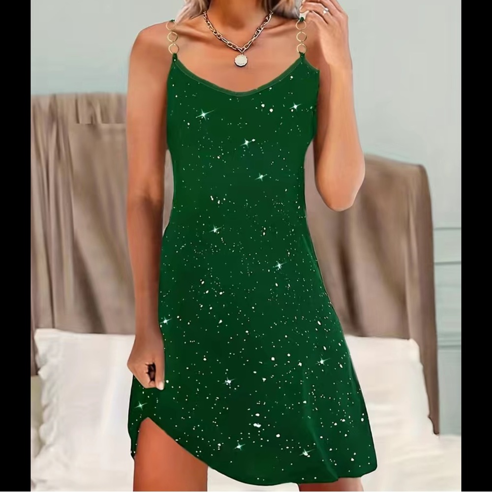 Beautiful Green Shiny Summer Dress. With Gold chain Straps